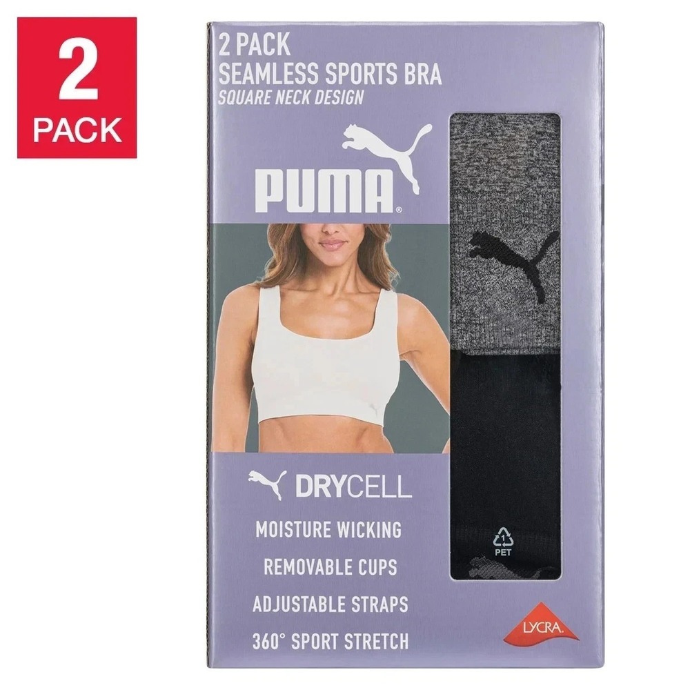 PUMA Womens Seamless Sports Bra 2-Pack Grey Black XL Square Neck Adjustable